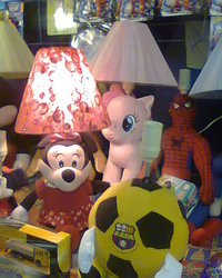 Size: 480x600 | Tagged: safe, pinkie pie, earth pony, pony, g4, ball, bootleg, irl, lamp, male, mickey mouse, minnie mouse, photo, plushie, spider-man