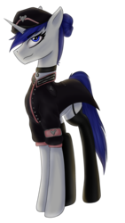 Size: 2049x3628 | Tagged: safe, artist:alicetriestodraw, derpibooru exclusive, oc, oc only, oc:mysza, pony, unicorn, 2019 community collab, derpibooru community collaboration, blue eyes, blue mane, clothes, female, high res, horn, simple background, solo, stockings, thigh highs, transparent background, uniform, white fur