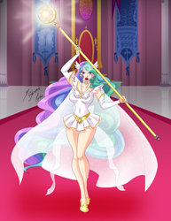 Size: 2153x2786 | Tagged: safe, alternate version, artist:shinta-girl, princess celestia, human, g4, breasts, cleavage, clothes, dress, female, high res, humanized, magic, sailor moon (series), scepter, solo, staff