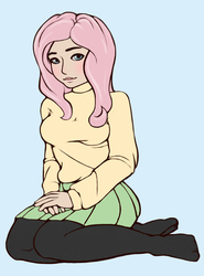 Size: 1159x1568 | Tagged: safe, artist:thelastfirst, fluttershy, human, g4, blue background, blushing, breasts, clothes, female, humanized, missing shoes, pantyhose, pleated skirt, simple background, skirt, socks, solo, sweater, thigh highs
