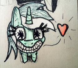 Size: 1280x1115 | Tagged: safe, artist:ploskostnost, lyra heartstrings, pony, unicorn, g4, crazy face, faic, female, grin, heart, smiling, solo, teeth, traditional art