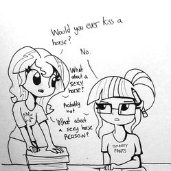 Size: 1264x1270 | Tagged: safe, artist:tjpones, sci-twi, sunset shimmer, twilight sparkle, equestria girls, g4, black and white, dialogue, duo, female, flirting, glasses, grayscale, implied lesbian, implied scitwishimmer, implied shipping, lineart, monochrome, pencil, pencil behind ear, simple background, subtle as a train wreck, traditional art