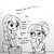 Size: 1264x1270 | Tagged: safe, artist:tjpones, sci-twi, sunset shimmer, twilight sparkle, equestria girls, g4, black and white, dialogue, duo, female, flirting, glasses, grayscale, implied lesbian, implied scitwishimmer, implied shipping, lineart, monochrome, pencil, pencil behind ear, simple background, subtle as a train wreck, traditional art