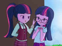 Size: 1243x926 | Tagged: safe, artist:maomao9, sci-twi, twilight sparkle, alicorn, human, equestria girls, g4, clothes, crystal prep academy uniform, cute, duo, glasses, ponytail, school uniform, twilight sparkle (alicorn), twolight