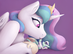 Size: 4000x3000 | Tagged: safe, artist:smallhorses, part of a set, princess celestia, oc, alicorn, pegasus, pony, g4, canon x oc, commission, duo, duo female, female, giantlestia, lesbian, licking, macro, mare, micro, size difference, tongue out