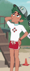 Size: 168x400 | Tagged: safe, screencap, timber spruce, equestria girls, g4, my little pony equestria girls: better together, unsolved selfie mysteries, animated, arm behind head, blushing, cap, clothes, cropped, gif, hat, legs, lifeguard, lifeguard timber, male, shorts