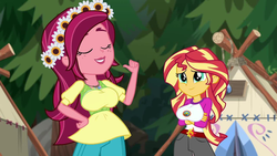 Size: 1280x720 | Tagged: safe, edit, edited screencap, editor:mlp-gft, screencap, gloriosa daisy, sunset shimmer, equestria girls, g4, my little pony equestria girls: legend of everfree, big breasts, breast edit, breasts, busty gloriosa daisy, busty sunset shimmer, camp everfree outfits, clothes, duo, female, floral head wreath, flower, shorts, tent