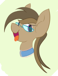 Size: 1438x1861 | Tagged: safe, artist:skygunner, oc, oc only, oc:dawnsong, pony, bust, collar, digital art, frilly, glasses, smiling, solo, tongue out