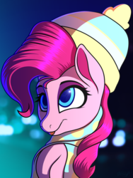 Size: 3000x4000 | Tagged: safe, artist:cherry pop, pinkie pie, pony, g4, beanie, blur disk effect, blurry background, bust, clothes, depth of field, female, hat, portrait, scarf, solo, subsurface scattering
