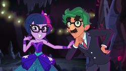 Size: 1920x1080 | Tagged: safe, screencap, sci-twi, timber spruce, twilight sparkle, equestria girls, g4, legend of everfree - bloopers, my little pony equestria girls: legend of everfree, animated actors, bare shoulders, blooper, clothes, glasses, groucho marx psyche out, groucho mask, hand gesture, looking at you, male, sleeveless, smiling, smiling at you, strapless, suit, timberbetes
