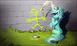Size: 2480x1485 | Tagged: safe, artist:ramiras, lyra heartstrings, human, pony, unicorn, tabun art-battle, g4, concave belly, female, humie, mare, painting, slender, solo, spine, stick figure, tabun art-battle cover, that pony sure does love humans, thin
