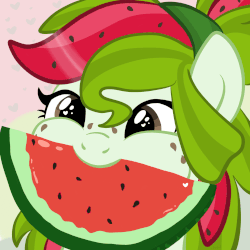 Size: 1000x1000 | Tagged: safe, artist:sjart117, oc, oc only, oc:watermelana, pony, animated, bust, cute, eye shimmer, female, food, freckles, fruit, gif, heart eyes, mare, mouth hold, ocbetes, portrait, solo, watermelon, wingding eyes