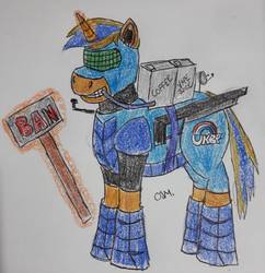 Size: 1410x1459 | Tagged: safe, artist:rapidsnap, oc, oc only, oc:caffine kick, pony, banhammer, battle armor, coffee, energy weapon, laser rifle, solo, traditional art, uk ponies and pegasisters, ukbp, vape juice, weapon