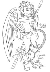 Size: 690x1000 | Tagged: safe, artist:sepiakeys, rainbow dash, pegasus, anthro, g4, bandeau, belt, belt buckle, choker, clothes, diadem, fantasy class, female, lineart, skirt, solo, spear, tail wrap, weapon, wings
