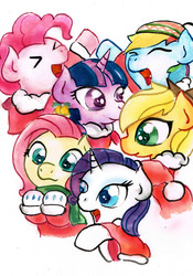 Size: 2409x3437 | Tagged: safe, artist:mashiromiku, applejack, fluttershy, pinkie pie, rainbow dash, rarity, twilight sparkle, g4, ><, christmas, clothes, costume, cowboy hat, cute, dashabetes, diapinkes, eyes closed, hat, high res, holiday, jackabetes, mane six, mittens, raribetes, santa costume, scarf, shyabetes, simple background, toque, twiabetes, watercolor painting, white background, winter outfit