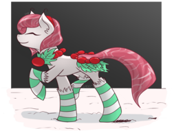 Size: 1280x995 | Tagged: safe, artist:cadetredshirt, oc, oc only, oc:holly berry, original species, pond pony, pony, closed species, clothes, eyes closed, female, happy, holly, night, simple background, snow, socks, solo, stockings, striped socks, thigh highs, walking