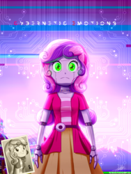 Size: 1020x1360 | Tagged: safe, artist:the-butch-x, sweetie belle, android, gynoid, robot, equestria girls, g4, artificial intelligence, circuit, clothes, commission, cyberpunk, dress, female, glowing eyes, long hair, photo, shirt, smiling, solo, stare, sweetie bot, young