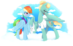 Size: 14189x9036 | Tagged: safe, artist:zlayd-oodles, rainbow dash, zephyr breeze, pegasus, pony, g4, absurd resolution, blushing, clothes, cloud, cute, eye clipping through hair, feather fingers, female, lidded eyes, male, ship:zephdash, shipping, shirt, sky, standing on a cloud, straight, t-shirt, tsunderainbow, tsundere, wing hands, wing hold, wings
