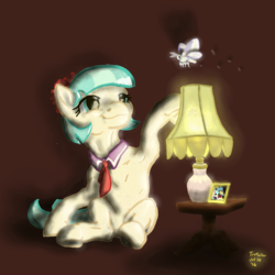 Size: 2000x2000 | Tagged: safe, artist:trefoiler, charity kindheart, coco pommel, earth pony, moth, pony, g4, dark background, female, high res, lamp, mare, simple background