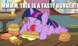 Size: 865x508 | Tagged: safe, edit, edited screencap, screencap, coco crusoe, twilight sparkle, alicorn, twilight time, burger, caption, food, hay burger, image macro, ketchup, messy eating, onion horseshoes, pulp fiction, reference, samuel l jackson, sauce, text, that pony sure does love burgers, twilight burgkle, twilight slobble, twilight sparkle (alicorn)