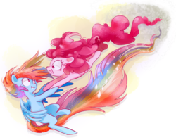 Size: 1280x1019 | Tagged: safe, artist:pinkablue, pinkie pie, rainbow dash, earth pony, pegasus, pony, g4, abstract background, description is relevant, female, flying, holding hooves, lesbian, link in description, looking at each other, mare, ship:pinkiedash, shipping, signature, sparkles, video in description