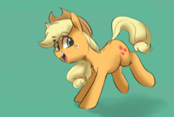 Size: 1280x862 | Tagged: safe, artist:pucksterv, applejack, earth pony, pony, g4, chest fluff, cowboy hat, eye clipping through hair, female, green background, hat, simple background, smiling, solo
