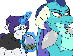 Size: 3300x2550 | Tagged: safe, artist:jolliapplegirl, princess ember, rarity, dragon, pony, unicorn, g4, cloak, clothes, dragon lord ember, egg, floppy ears, high res, implied rape, story included