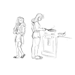 Size: 480x480 | Tagged: safe, artist:demdoodles, applejack, rarity, human, g4, coffee, cooking, cute, duo, female, grayscale, humanized, jackabetes, kitchen, lesbian, monochrome, oven, raribetes, ship:rarijack, shipping, simple background, sketch, skillet, smiling, white background, yawn