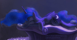 Size: 1442x750 | Tagged: safe, artist:grissaecrim, princess luna, alicorn, pony, do princesses dream of magic sheep, g4, cute, dream, eyes closed, female, lunabetes, mare, missing accessory, patreon, prone, sleeping, smiling, solo, sweet dreams fuel
