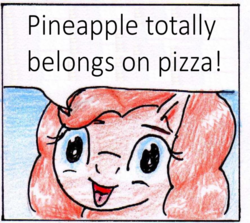 Size: 734x656 | Tagged: safe, artist:40kponyguy, edit, pinkie pie, g4, 40kponyguy pinkie pie meme, faic, female, food, implied pineapple pizza, mare, meme, pineapple pizza, pizza, truth