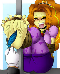 Size: 1280x1571 | Tagged: safe, artist:cyborg-steve, adagio dazzle, human, equestria girls, g4, adagio dat-azzle, ass, barefoot, bondage, butt, clothes, eyes closed, feather, feet, female, fetish, foot fetish, foot focus, hand, human male, laughing, leggings, male, offscreen character, open mouth, ropes, solo, tickle fetish, tickle torture, tickling, underass