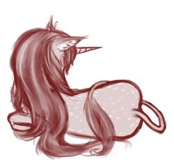 Size: 2344x2230 | Tagged: safe, artist:gliconcraft, oc, oc only, oc:cinnamon fawn, pony, unicorn, back, eyes closed, female, high res, horn, leonine tail, long hair, lying down, mare, ponysona, rear view, requested art, sketch, sleeping, solo, spots