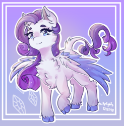Size: 1026x1044 | Tagged: safe, artist:cityliqhts, rarity, pegasus, pony, g4, chest fluff, cloven hooves, female, fluffy, leonine tail, looking at you, pegasus rarity, race swap, smiling, solo, species swap, unshorn fetlocks
