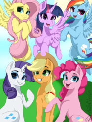 Size: 768x1024 | Tagged: safe, artist:kittywoofers, applejack, fluttershy, pinkie pie, rainbow dash, rarity, twilight sparkle, alicorn, pony, g4, cute, dashabetes, diapinkes, female, group photo, jackabetes, looking at you, mane six, mare, raribetes, shyabetes, smiling, twiabetes, twilight sparkle (alicorn)