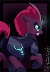 Size: 495x716 | Tagged: safe, artist:kittydrawz, artist:kittywoofers, tempest shadow, pony, unicorn, g4, armor, broken horn, dock, eye scar, female, floppy ears, gritted teeth, horn, magic, mare, raised hoof, raised leg, redraw, scar, solo, sparking horn