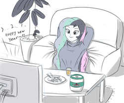 Size: 3543x2952 | Tagged: safe, artist:sumin6301, princess celestia, principal celestia, equestria girls, g4, alcohol, beer, couch, female, fork, happy new year, high res, holiday, humanized, new year, plant, solo, table, television