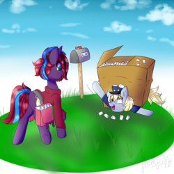 Size: 2133x2133 | Tagged: safe, artist:itwasscatters, derpy hooves, oc, oc:charming dazz, g4, bag, box, diaper, grass, high res, mail, mailbox, package, packing peanuts, simple background