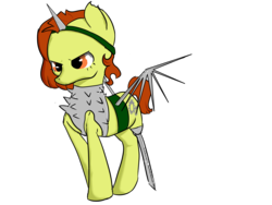 Size: 4600x3450 | Tagged: safe, artist:dumbwoofer, oc, oc only, oc:trippo, alicorn, earth pony, pony, fallout equestria, amputee, armor, augmented, female, mare, mean, peg leg, prosthetic leg, prosthetic limb, prosthetic wing, prosthetics, raider, raider armor, solo, spikes, sword leg