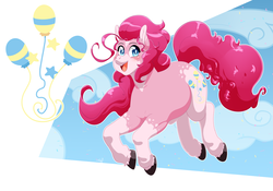 Size: 5000x3500 | Tagged: safe, artist:amaraburrger, pinkie pie, earth pony, pony, g4, cloud, confetti, cutie mark, female, fun, happy, jumping, mare, redesign, sky, smiling, solo