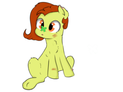 Size: 4600x3450 | Tagged: safe, artist:dumbwoofer, oc, oc only, oc:trippo, butterfly, earth pony, pony, fallout equestria, amputee, casual nudity, chest fluff, curious, cut, cute, female, mare, missing limb, raider, scar, scared, sitting, solo, stump, underhoof