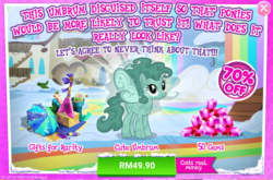 Size: 1037x686 | Tagged: safe, gameloft, rabia, umbrum, g4, advertisement, costs real money, cute, gem, introduction card, sale