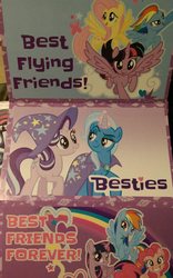 Size: 1342x2151 | Tagged: safe, fluttershy, pinkie pie, rainbow dash, starlight glimmer, trixie, twilight sparkle, alicorn, earth pony, pegasus, pony, unicorn, g4, official, accessory swap, best friends, bff, clothes, cutie mark, eye contact, female, flying, glare, grin, hat, heart, holiday, lidded eyes, looking at each other, looking at you, mare, merchandise, raised eyebrow, smiling, smirk, spread wings, squee, starlight wearing trixie's hat, trixie's hat, twilight sparkle (alicorn), valentine, valentine's day, wings