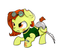 Size: 4600x3450 | Tagged: safe, artist:dumbwoofer, oc, oc only, oc:trippo, pony, fallout equestria, amputee, female, frown, goggles, knife, mare, prosthetic limb, prosthetics, raider, raider armor, scar, solo, sword leg