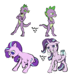 Size: 2100x2200 | Tagged: safe, artist:trefoiler, spike, starlight glimmer, dragon, pony, unicorn, anthro, g4, anthro with ponies, colored sketch, cutie mark, equality, equalized, female, high res, jar, male, mare, shaking, simple background, sketch, sketch dump, sweat, transparent background
