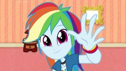Size: 564x317 | Tagged: safe, rainbow dash, equestria girls, g4, blue's clues, living room, looking at you, phone, sidetable drawer, smiling, smiling at you, waving, waving at you
