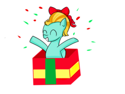 Size: 4600x3450 | Tagged: safe, artist:dumbwoofer, lightning dust, pegasus, pony, g4, bow, box, cute, female, filly, foal, happy, pony in a box, pony present, present, simple background, smiling, solo, surprised, transparent background