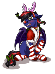 Size: 1024x1366 | Tagged: safe, artist:lupiarts, oc, oc only, oc:noctis fructosi junior, bat pony, pony, antlers, bat pony oc, blushing, christmas, clothes, holiday, male, red nose, reindeer antlers, simple background, socks, stallion, stockings, striped socks, thigh highs, transparent background