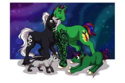 Size: 1920x1280 | Tagged: safe, artist:lupiarts, oc, oc only, oc:black flare, pony, unicorn, wolf, colt, creature, cute, family, father and son, female, foal, glasses, male, mare, mother and son, pet, stallion, tattoo