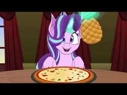 Size: 480x360 | Tagged: safe, artist:yudhaikeledai, starlight glimmer, pony, unicorn, g4, female, food, pineapple, pizza, smiling, solo, that pony sure does love pineapple pizza