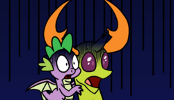 Size: 577x331 | Tagged: safe, artist:noidavaliable, spike, thorax, changedling, changeling, dragon, g4, duo, king thorax, reaction image, scared, winged spike, wings